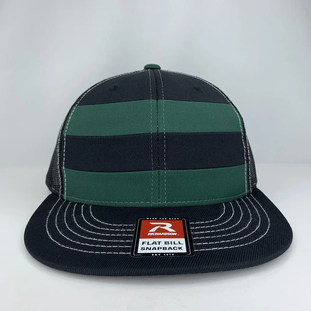 Richardson 162 Flat Bill Mesh Hat Black Green Stripe Adj Snapback OSFM Cap